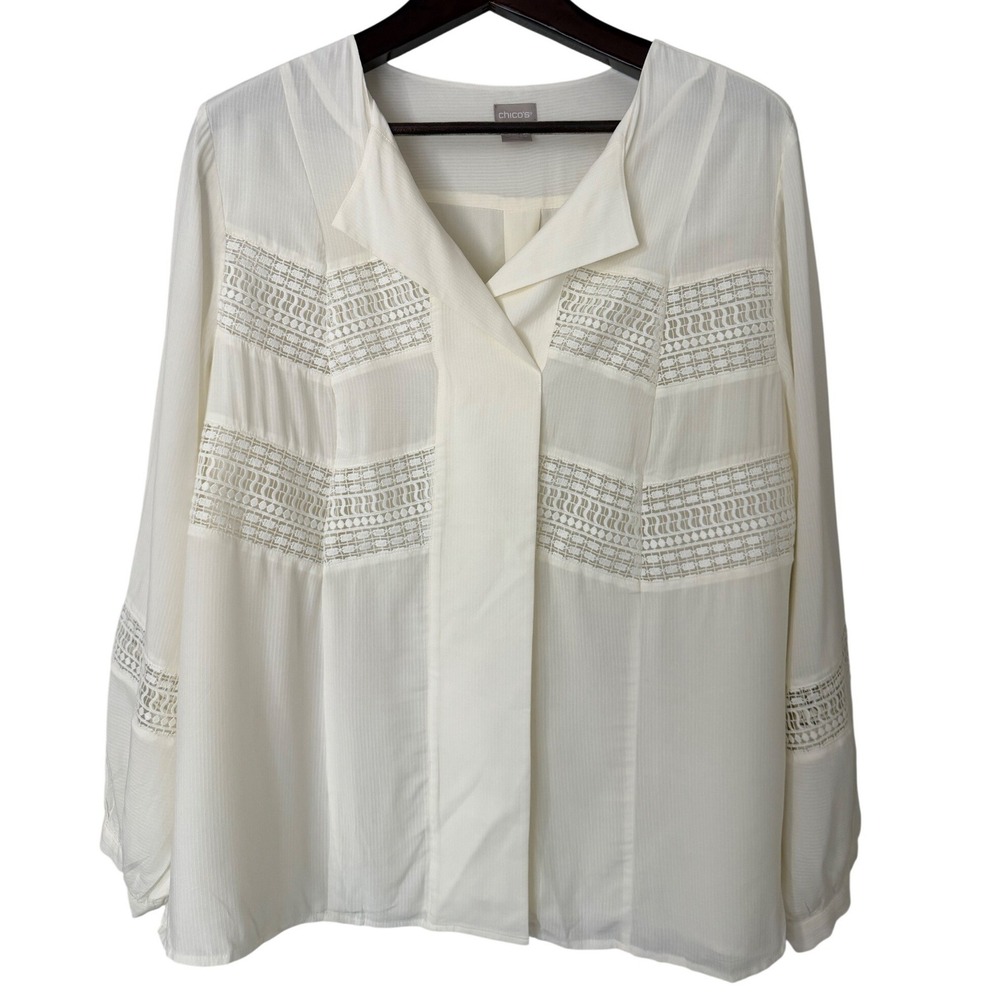 Chicos Lace Trim Pullover Top Ecru White Long Sleeve Blouse Size 3 US 16/18 NEW